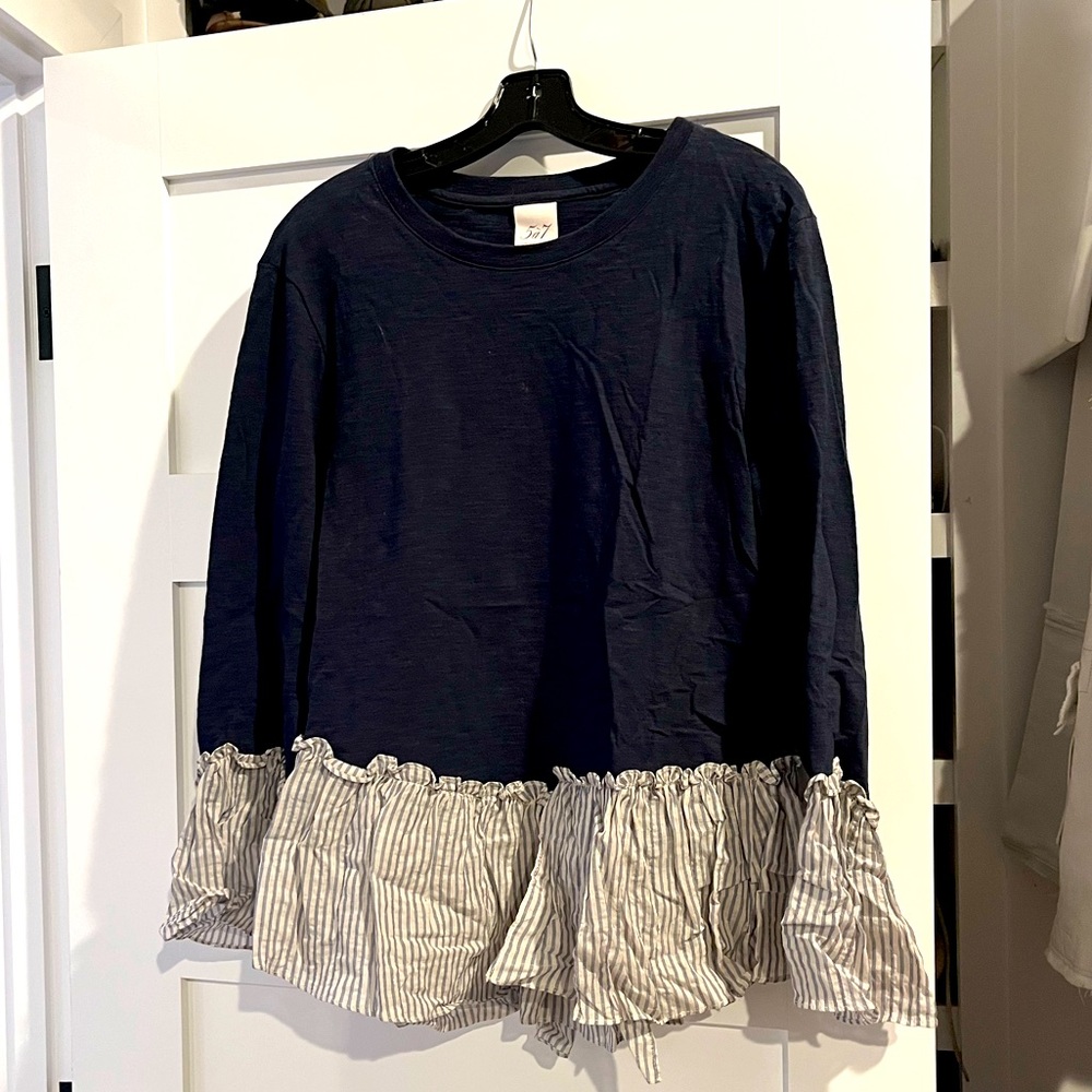 Cinq à Sept Navy and Striped Ruffle Top